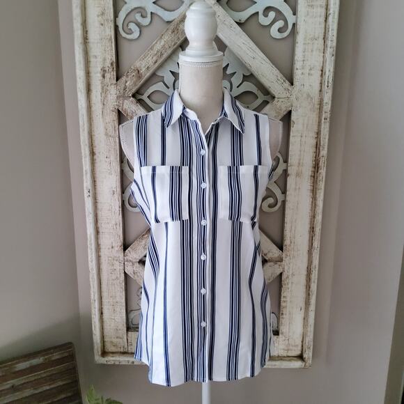 Notations Women's Sleeveless Collar Button Down Pocket Blouse Tank Top Stripe - Picture 2 of 7